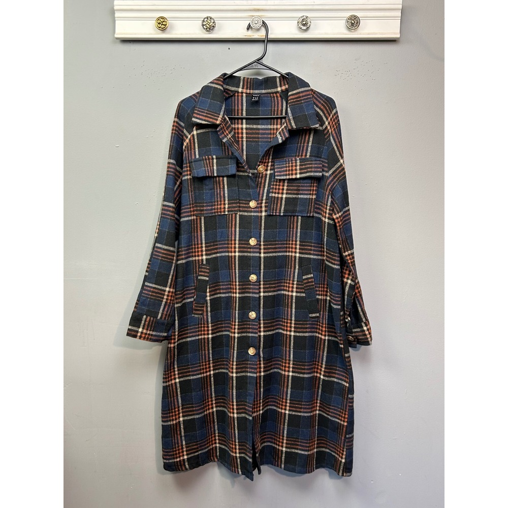 Shein Plaid Longline Shacket Shirt Womens Small Jacket Blue Orange Pockets Layer